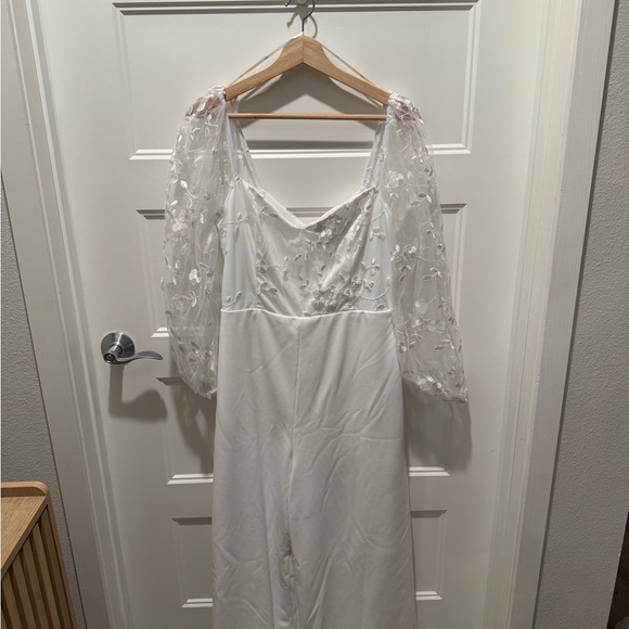 Lulu's White Dress with Sheer Floral Sleeves - Picture 1 of 3